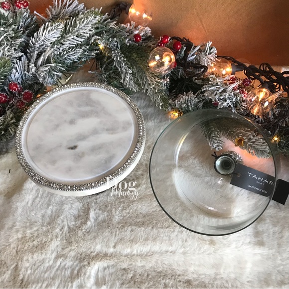 Tahari Marble Cake Pastry Glass Dome Metal Stand Holder Cheese Cloche - Picture 2 of 4